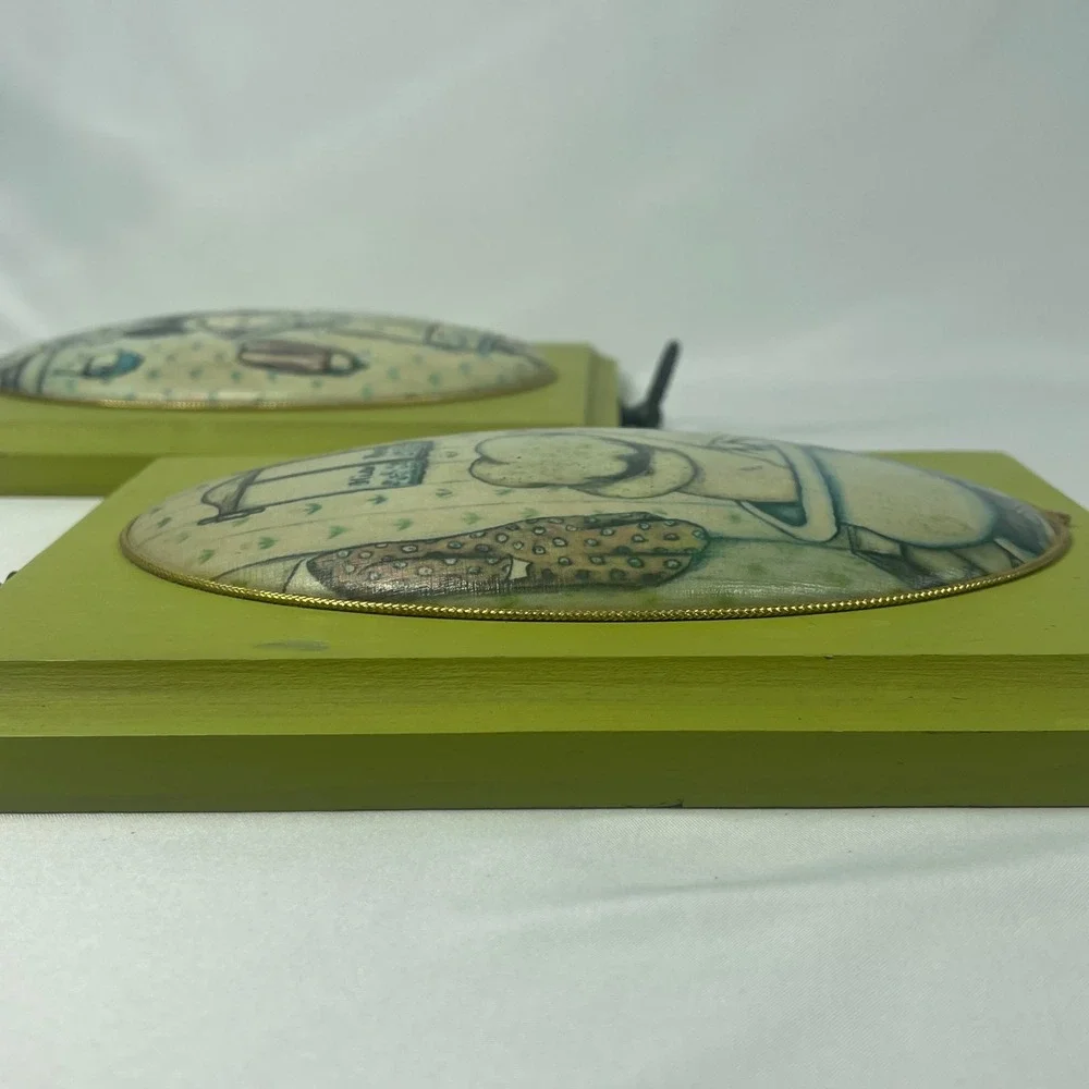 Vintage Handmade Decoupage Wood Bathroom Wall Art Set Convex Chartreuse 8.5x6.25